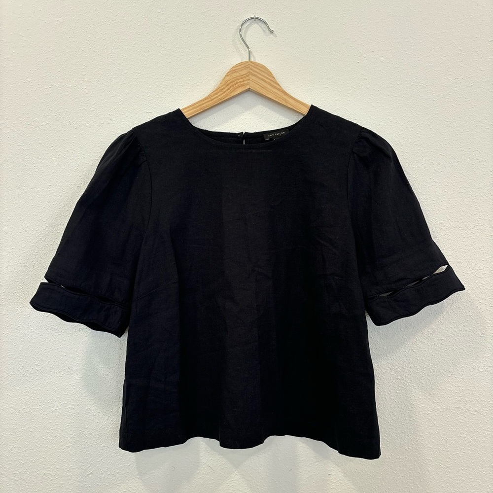 Ann Taylor Black Puff Sleeve Linen Top